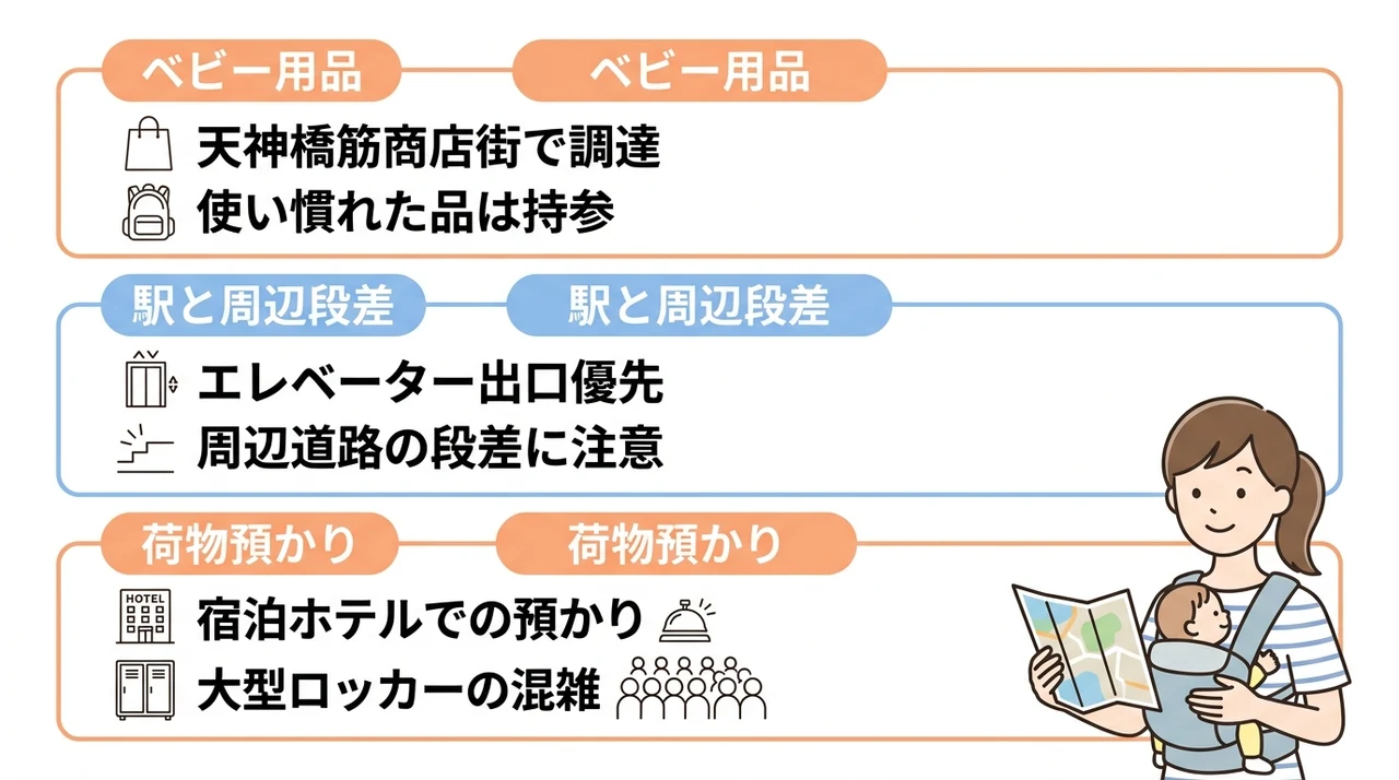 周辺の離乳食・おむつ調達スポットとベビーカー移動の注意点