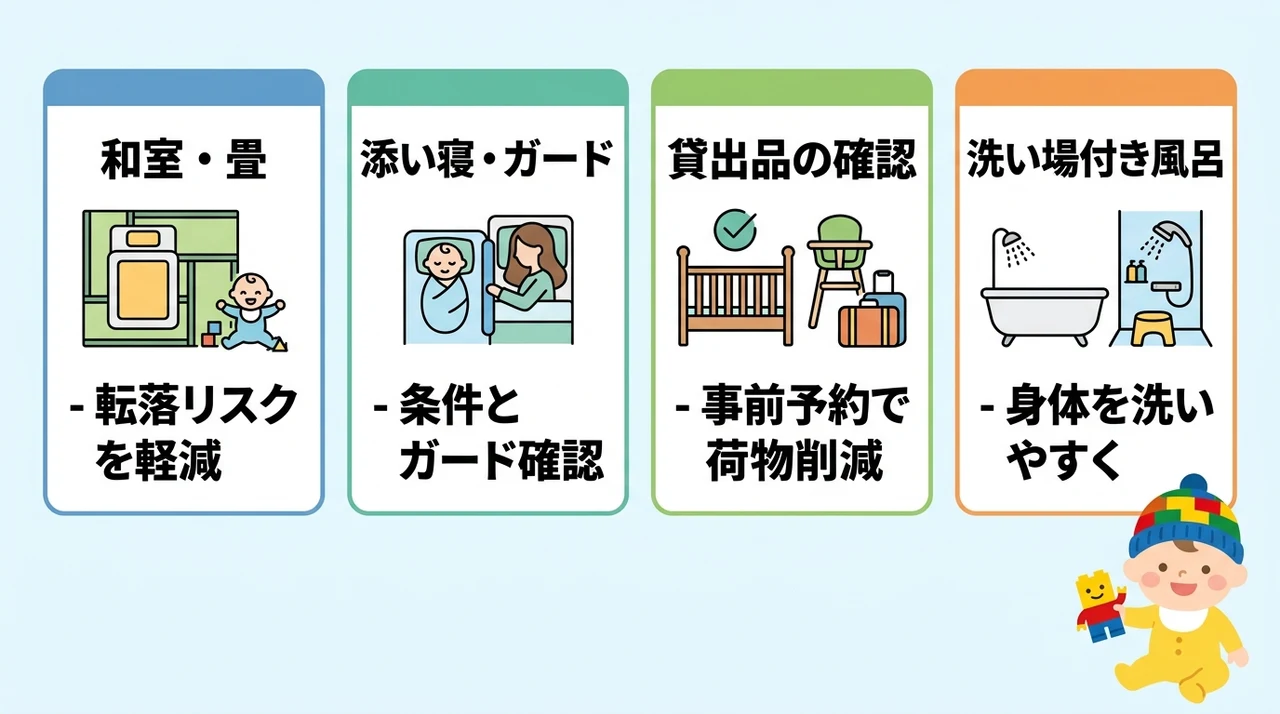 赤ちゃん連れ家族がホテルを選ぶ際に確認したい4つの設備