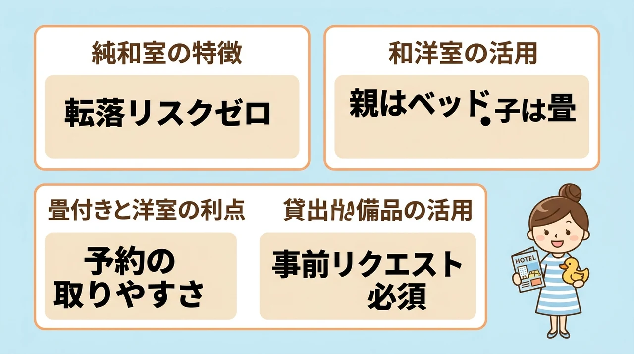 赤ちゃん連れが安心して過ごせる客室タイプと設備の比較