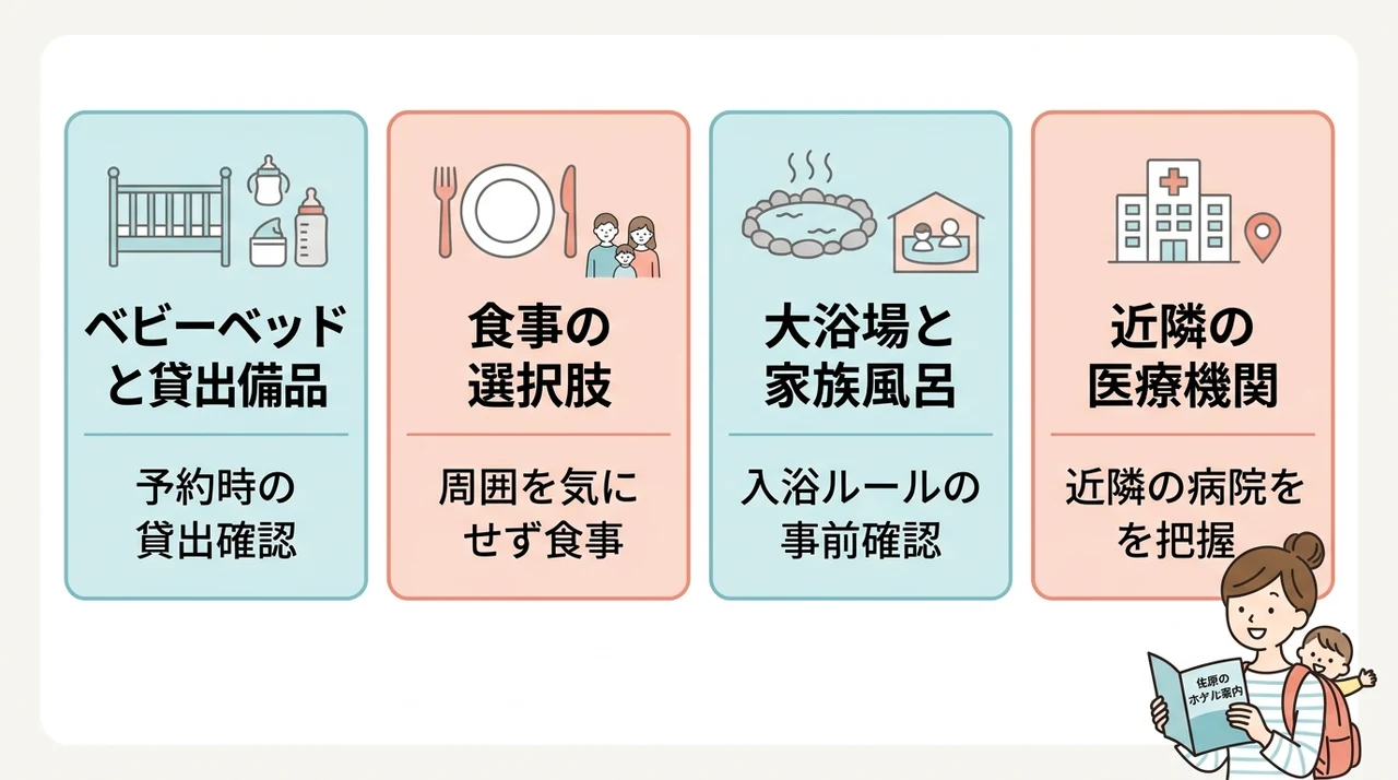 赤ちゃん連れの宿泊で事前に確認すべき4つの設備とサービス